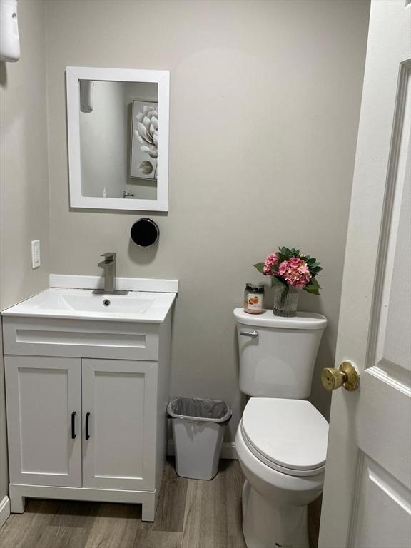 bathroom with hardwood / wood-style flooring, vanity, and toilet