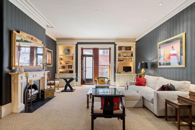 interior space featuring carpet floors, wallpapered walls, a fireplace with flush hearth, and crown molding