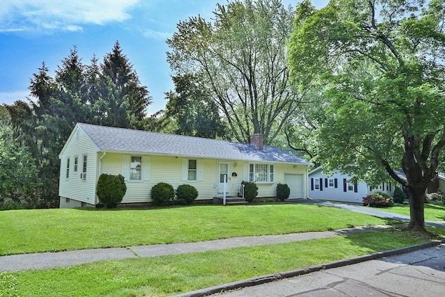 27 Pine Tree Dr, Worcester, MA 01609 - ranch-style home featuring a chimney, an attached garage, a front yard, and driveway