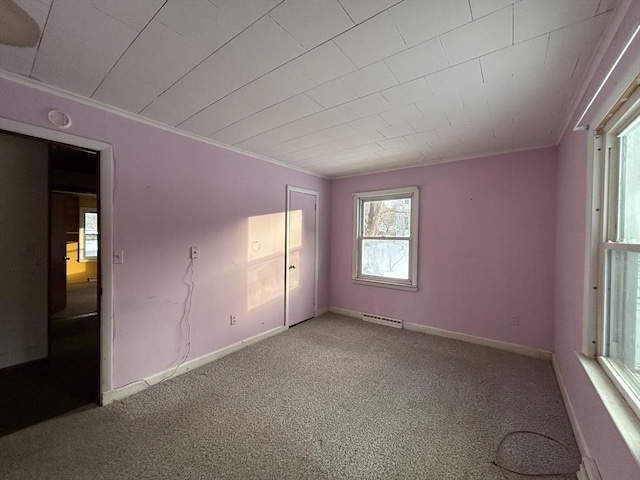 carpeted spare room with crown molding