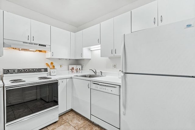 kitchen featuring light countertops, white cabinetry, a sink, white appliances, and under cabinet range hood