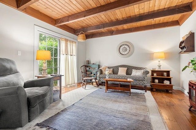 living room with beam ceiling, wooden ceiling, and wood-type flooring