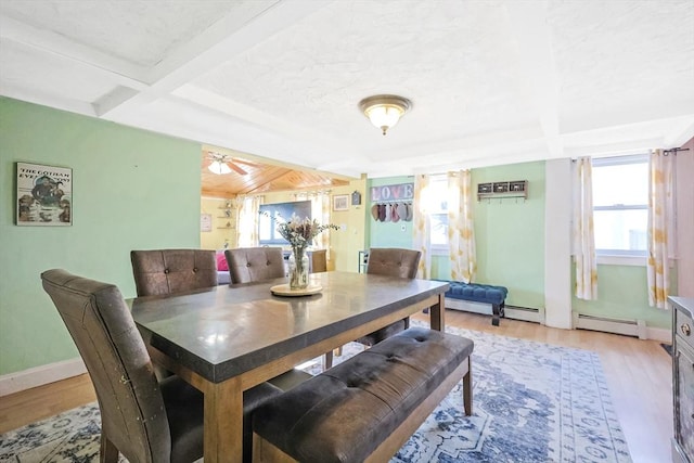 8 Scotia St, Salem, MA 01970 - dining room featuring beam ceiling, light wood-style flooring, a baseboard heating unit, and baseboards
