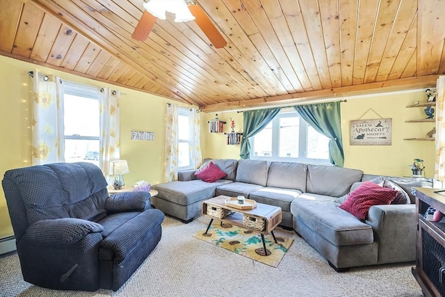 8 Scotia St, Salem, MA 01970 - carpeted living room featuring plenty of natural light, wood ceiling, a ceiling fan, and a baseboard heating unit