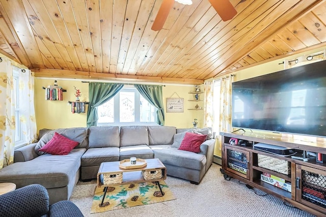 8 Scotia St, Salem, MA 01970 - carpeted living room with wood ceiling, a ceiling fan, and baseboard heating