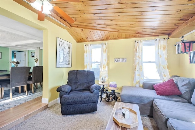 8 Scotia St, Salem, MA 01970 - living area featuring plenty of natural light, vaulted ceiling, baseboards, wood ceiling, and ceiling fan