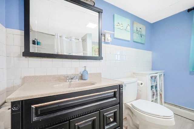 8 Scotia St, Salem, MA 01970 - full bathroom with toilet, vanity, decorative backsplash, and curtained shower