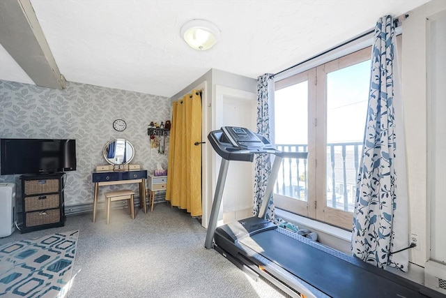 8 Scotia St, Salem, MA 01970 - exercise room with wallpapered walls, baseboards, plenty of natural light, and carpet