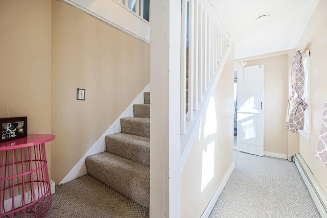 8 Scotia St, Salem, MA 01970 - staircase featuring carpet floors, baseboard heating, and baseboards