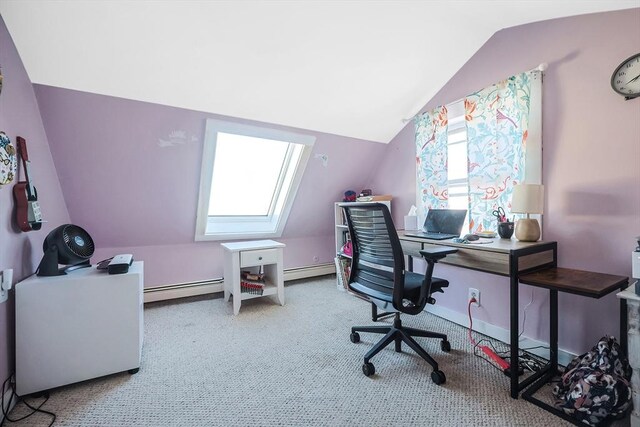 8 Scotia St, Salem, MA 01970 - home office featuring vaulted ceiling, plenty of natural light, carpet floors, and a baseboard radiator
