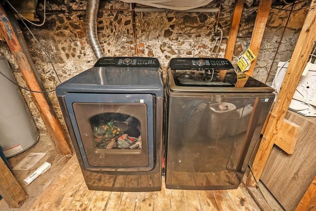 8 Scotia St, Salem, MA 01970 - clothes washing area featuring independent washer and dryer, water heater, and hardwood / wood-style flooring