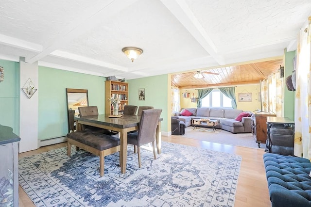 8 Scotia St, Salem, MA 01970 - dining room with a baseboard radiator, beamed ceiling, wood finished floors, and a textured ceiling