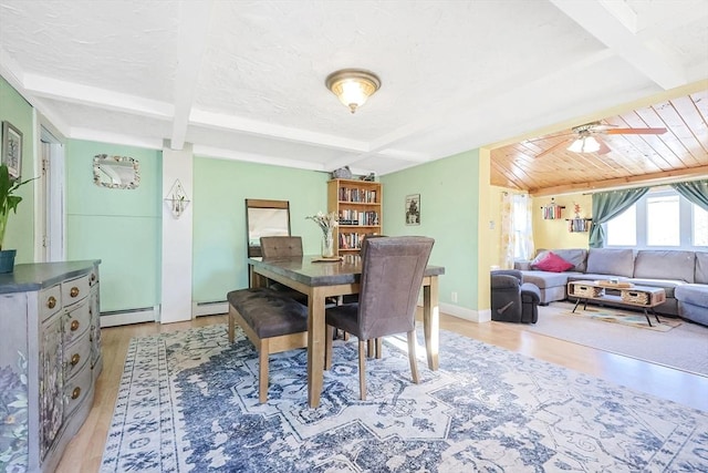 8 Scotia St, Salem, MA 01970 - dining area with a baseboard heating unit, a ceiling fan, light wood-style flooring, beamed ceiling, and baseboards