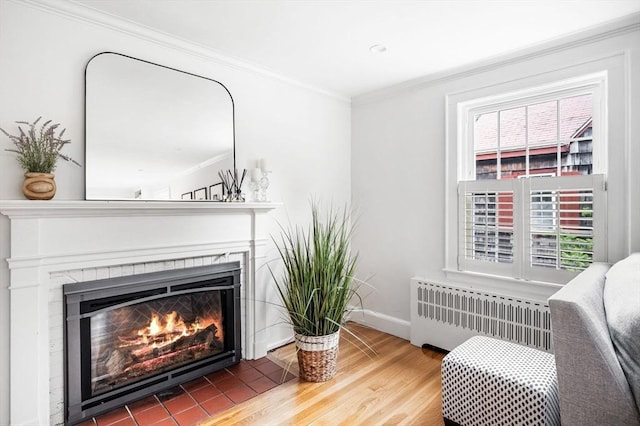 42 Pickwick Rd, Marblehead, MA 01945 - living room with radiator heating unit, a fireplace with flush hearth, wood finished floors, crown molding, and baseboards