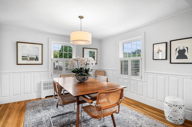 42 Pickwick Rd, Marblehead, MA 01945 - dining room with ornamental molding, healthy amount of natural light, light wood-type flooring, wainscoting, and radiator heating unit