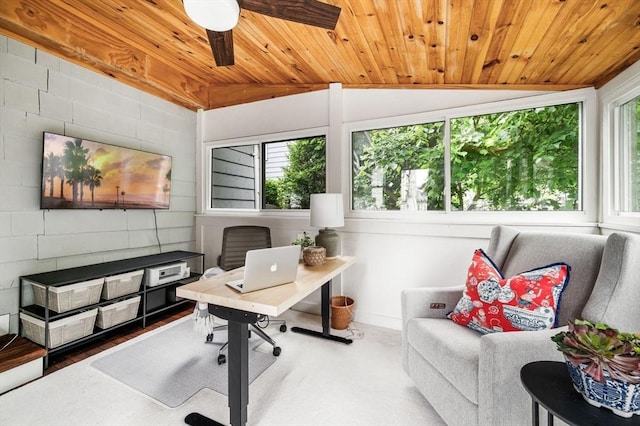 42 Pickwick Rd, Marblehead, MA 01945 - office area with healthy amount of natural light, wooden ceiling, vaulted ceiling, and a ceiling fan