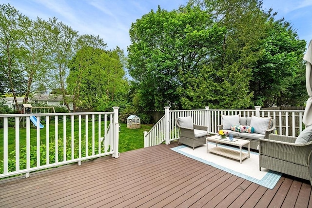 42 Pickwick Rd, Marblehead, MA 01945 - deck with outdoor lounge area, a lawn, and a playground