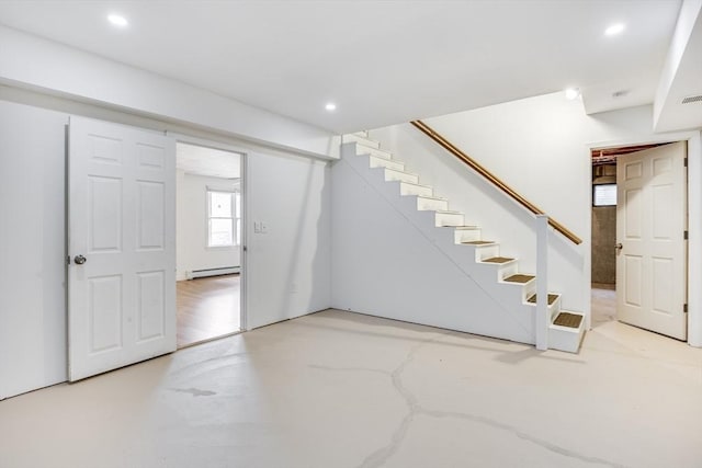 105 Edgewater Dr W, Falmouth, MA 02536 - basement with a baseboard radiator, recessed lighting, and stairway