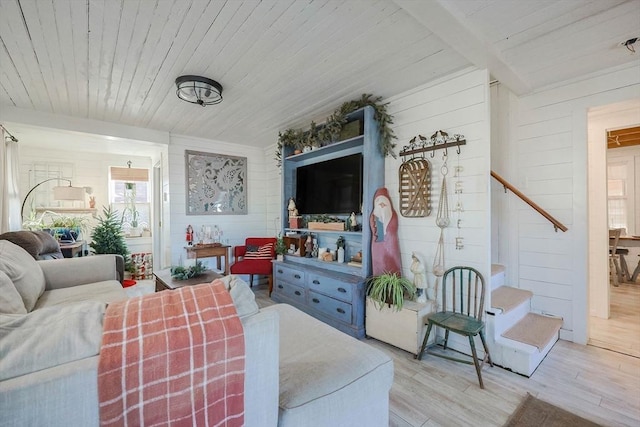 living room featuring light hardwood / wood-style flooring, wooden ceiling, and wood walls