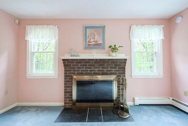 119 Messenger St, Plainville, MA 02762 - detailed view of carpet, a brick fireplace, and baseboards