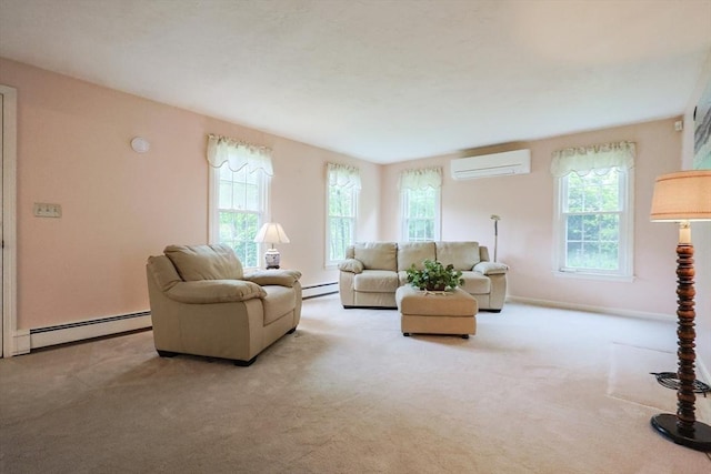 119 Messenger St, Plainville, MA 02762 - carpeted living area with a baseboard radiator, a wall unit AC, plenty of natural light, and a baseboard heating unit
