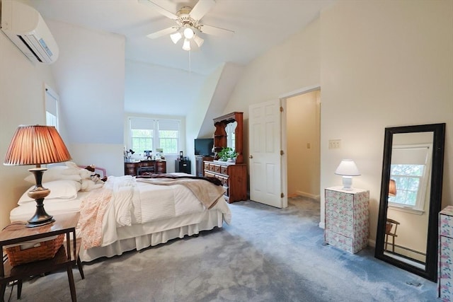 119 Messenger St, Plainville, MA 02762 - bedroom featuring an AC wall unit, carpet, high vaulted ceiling, and a ceiling fan