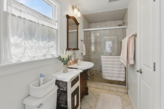 96 Sea Ave, Quincy, MA 02169 - full bathroom with vanity, tile patterned flooring, a shower stall, and toilet