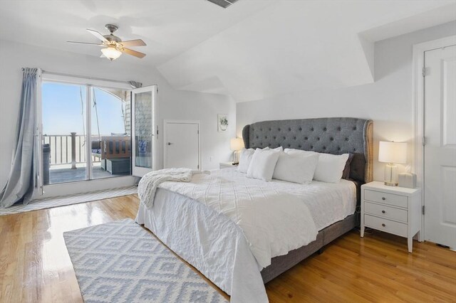 96 Sea Ave, Quincy, MA 02169 - bedroom with access to exterior, wood finished floors, vaulted ceiling, and ceiling fan