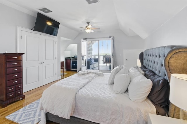 96 Sea Ave, Quincy, MA 02169 - bedroom with light wood-style floors, vaulted ceiling, access to exterior, and a ceiling fan