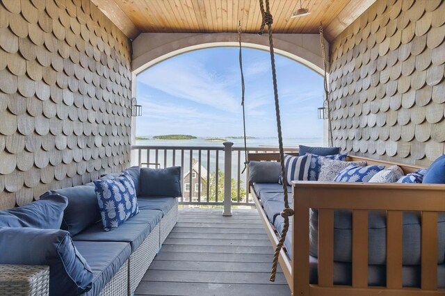 96 Sea Ave, Quincy, MA 02169 - wooden deck featuring a water view and an outdoor hangout area