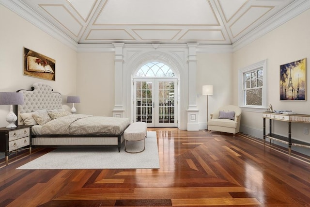 bedroom with ornate columns, crown molding, access to outside, and multiple windows