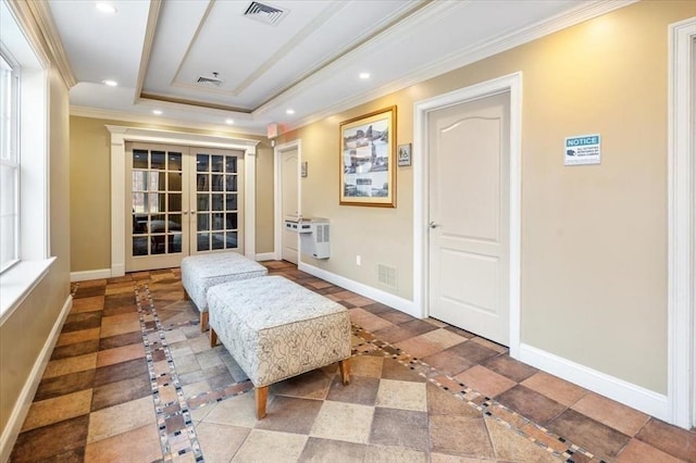 sitting room featuring visible vents, recessed lighting, and crown molding