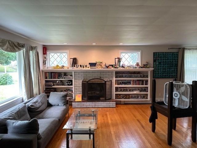 living room featuring wood-type flooring and a fireplace