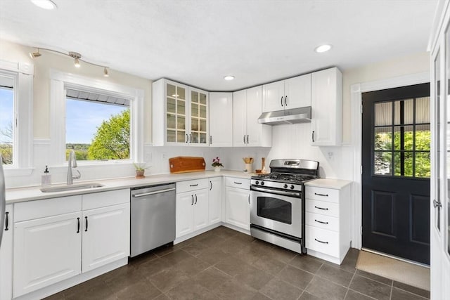 kitchen featuring a sink, light countertops, stainless steel appliances, under cabinet range hood, and glass insert cabinets