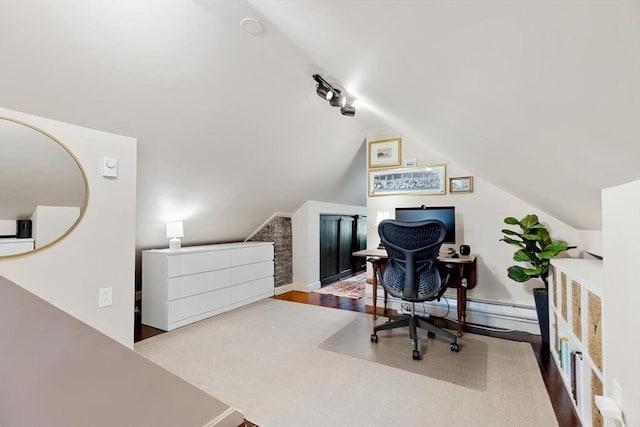 office with vaulted ceiling and wood finished floors