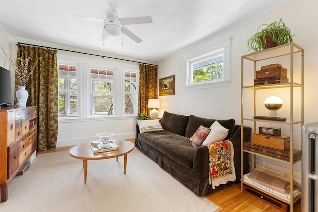 living room with a ceiling fan, ornamental molding, and wood finished floors