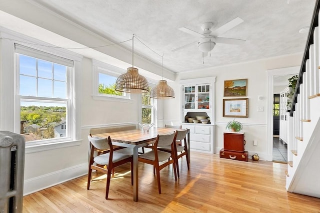 dining room featuring baseboards, plenty of natural light, a ceiling fan, and light wood finished floors