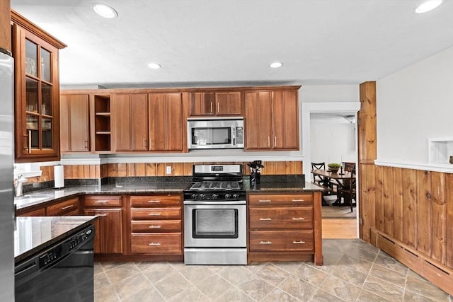 553 Center St, Hanover, MA 02339 - kitchen featuring appliances with stainless steel finishes, a baseboard radiator, open shelves, wainscoting, and glass insert cabinets