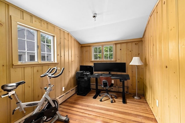 553 Center St, Hanover, MA 02339 - office area featuring light wood finished floors, a baseboard heating unit, lofted ceiling, and wooden walls