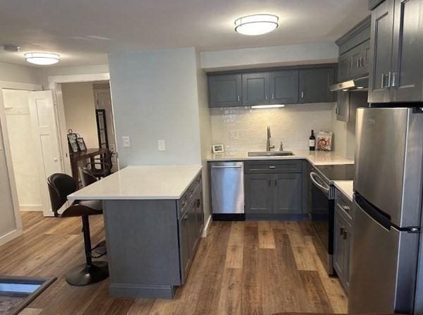 kitchen with sink, a kitchen breakfast bar, dark hardwood / wood-style flooring, kitchen peninsula, and appliances with stainless steel finishes