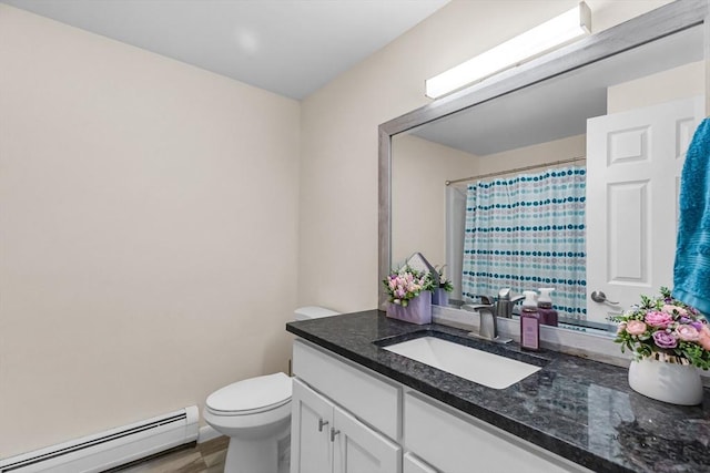 3 Bayberry Ln, Westfield, MA 01085 - bathroom with a baseboard radiator, vanity, toilet, a shower with shower curtain, and wood finished floors