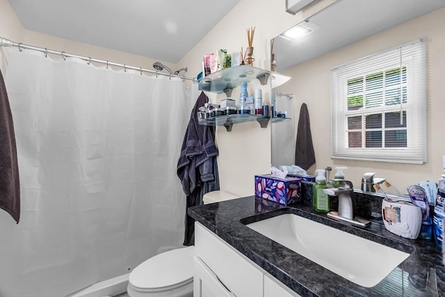 3 Bayberry Ln, Westfield, MA 01085 - full bathroom with vanity, toilet, a shower with shower curtain, and vaulted ceiling