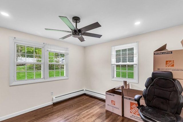 3 Bayberry Ln, Westfield, MA 01085 - office space featuring dark wood-style flooring, baseboards, recessed lighting, a ceiling fan, and a baseboard heating unit