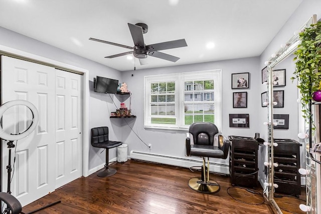 3 Bayberry Ln, Westfield, MA 01085 - home office with ceiling fan, wood finished floors, baseboards, a baseboard heating unit, and recessed lighting