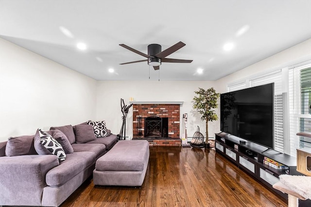 3 Bayberry Ln, Westfield, MA 01085 - living area with wood finished floors, ceiling fan, recessed lighting, and a fireplace