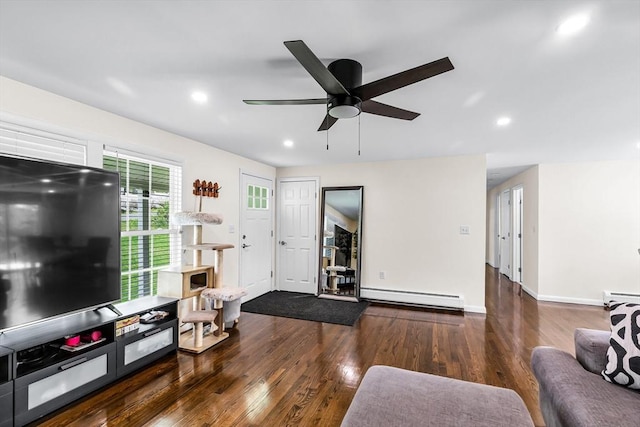 3 Bayberry Ln, Westfield, MA 01085 - living room with baseboard heating, wood finished floors, a ceiling fan, recessed lighting, and baseboards