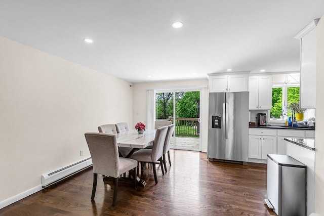 3 Bayberry Ln, Westfield, MA 01085 - dining space featuring baseboard heating, dark wood-style flooring, and recessed lighting