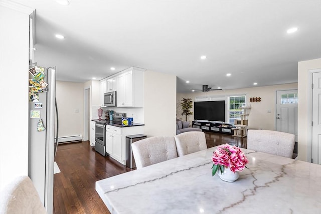 3 Bayberry Ln, Westfield, MA 01085 - dining space with a baseboard radiator, recessed lighting, dark wood-style floors, and ceiling fan