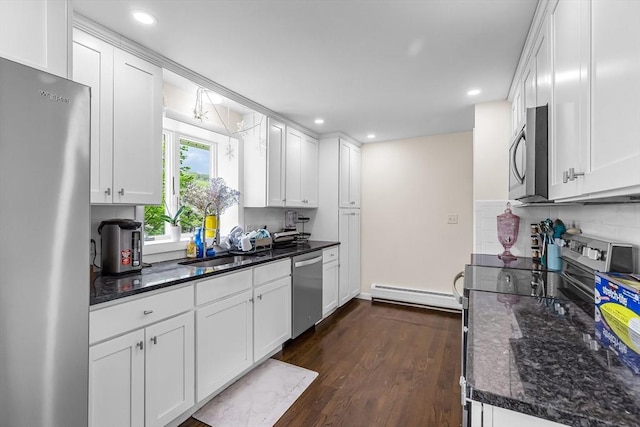 3 Bayberry Ln, Westfield, MA 01085 - kitchen with appliances with stainless steel finishes, a baseboard radiator, white cabinets, dark wood-style floors, and a sink