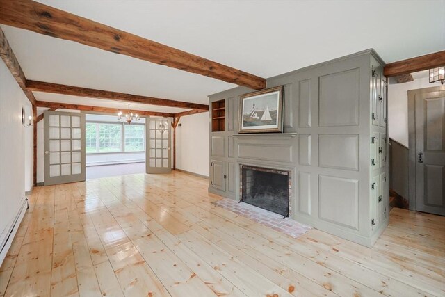649 S Main St, Raynham, MA 02767 - unfurnished living room with a chandelier, a baseboard radiator, light wood-type flooring, a fireplace with flush hearth, and beamed ceiling